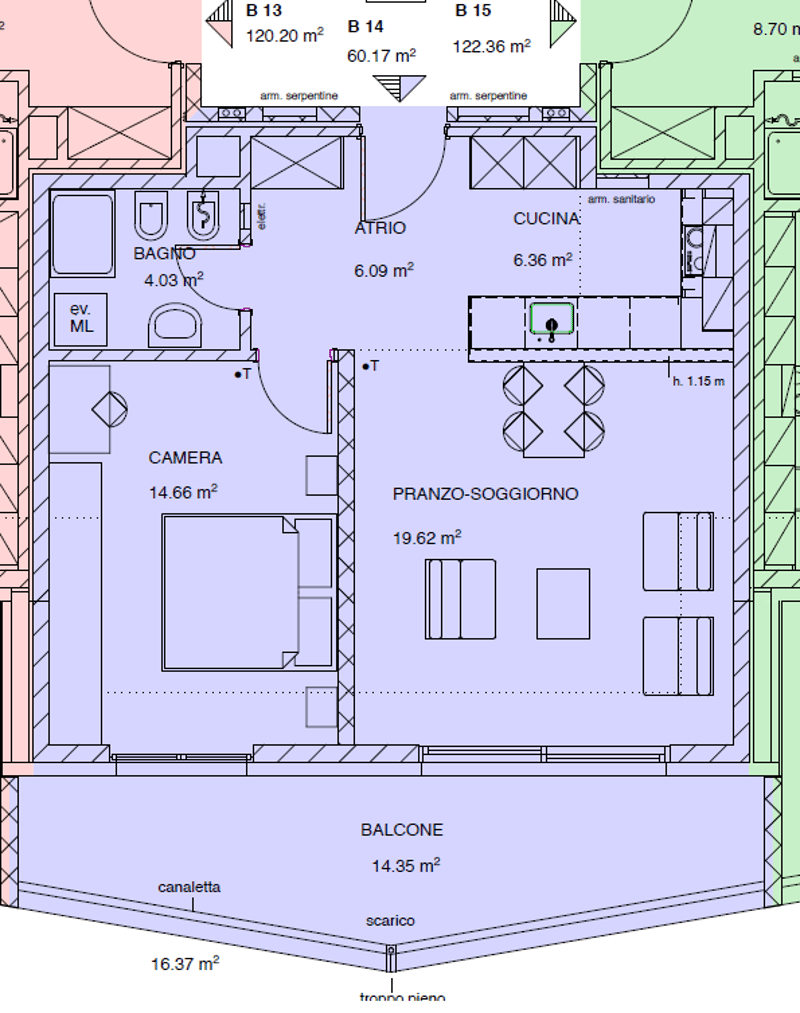 Entrance hall, bathroom, bedroom, kitchen, dining area, bedroom, balcony