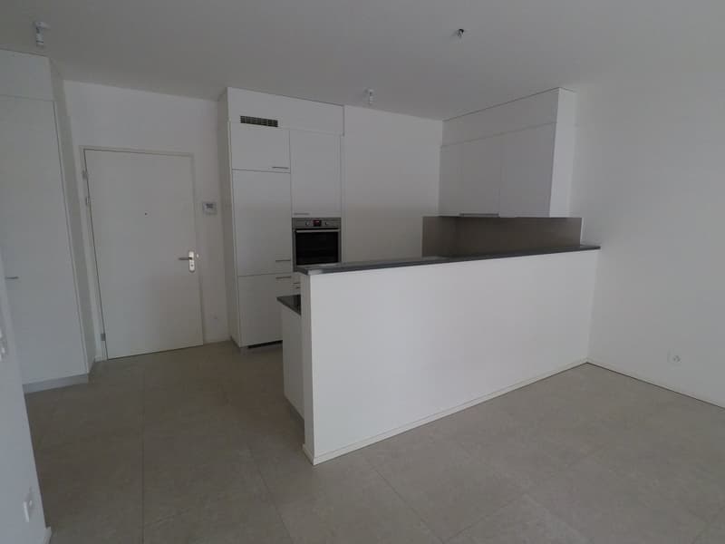 Open kitchen concept, white cabinetry, black counter top, built-in oven, power outlet, sliding door, tiled floor