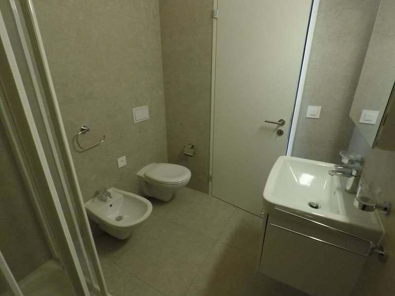 White tiles, white sink, white bidet, white toilet, white shower door, white light fixtures, mirror, silver handle on door