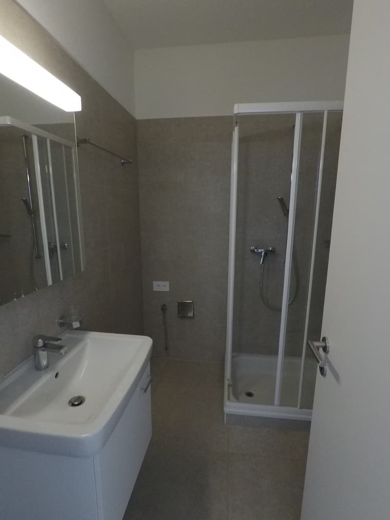white sink, shower enclosure, white cabinetry, mirror, wall mounted showerhead, showerhead, faucet, soap dish