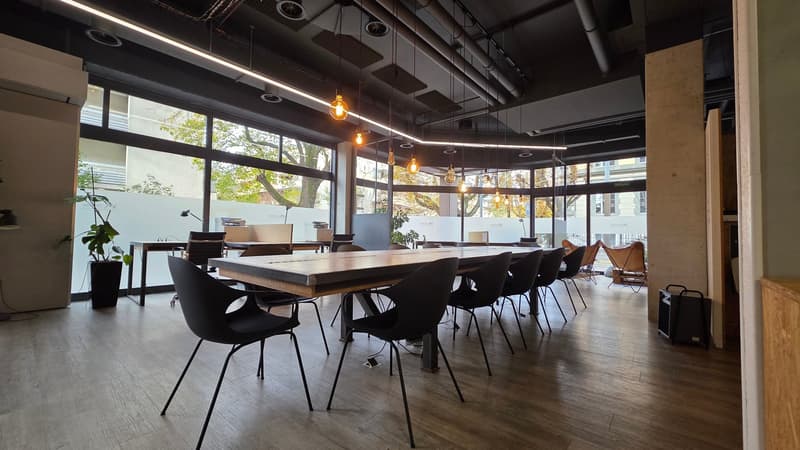 Long table with black chairs, plants, large windows, wooden floors, hanging lights