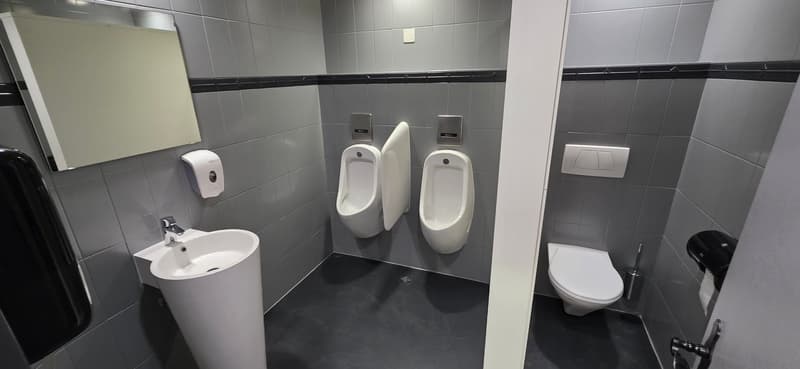 Men's restroom with three urinals, a sink, a toilet, a tissue dispenser, and a soap dispenser