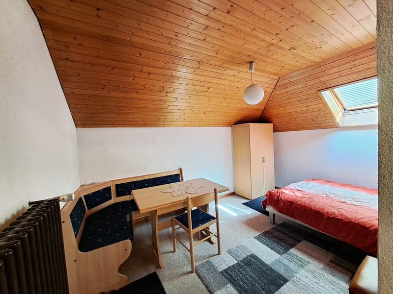 single bed, single bench, desk, chair, wardrobe, radiator, carpet, wooden ceiling, skylight