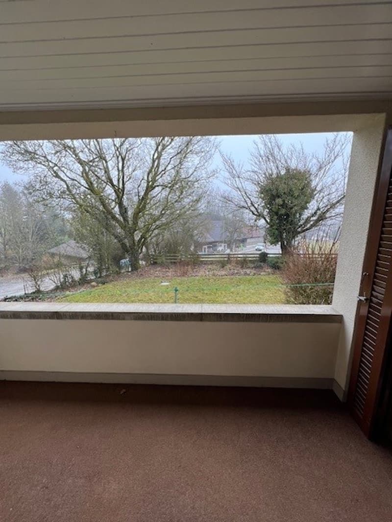 empty room with window overlooking a garden, wooden window frame, glass window, beige wall, brown floor