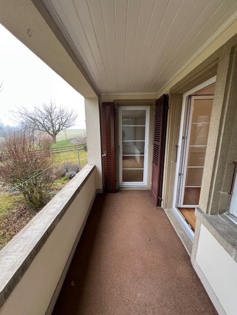 balcony with brown floor, white ceiling, brown wall, glass door, railing, green field, and tree in the distance