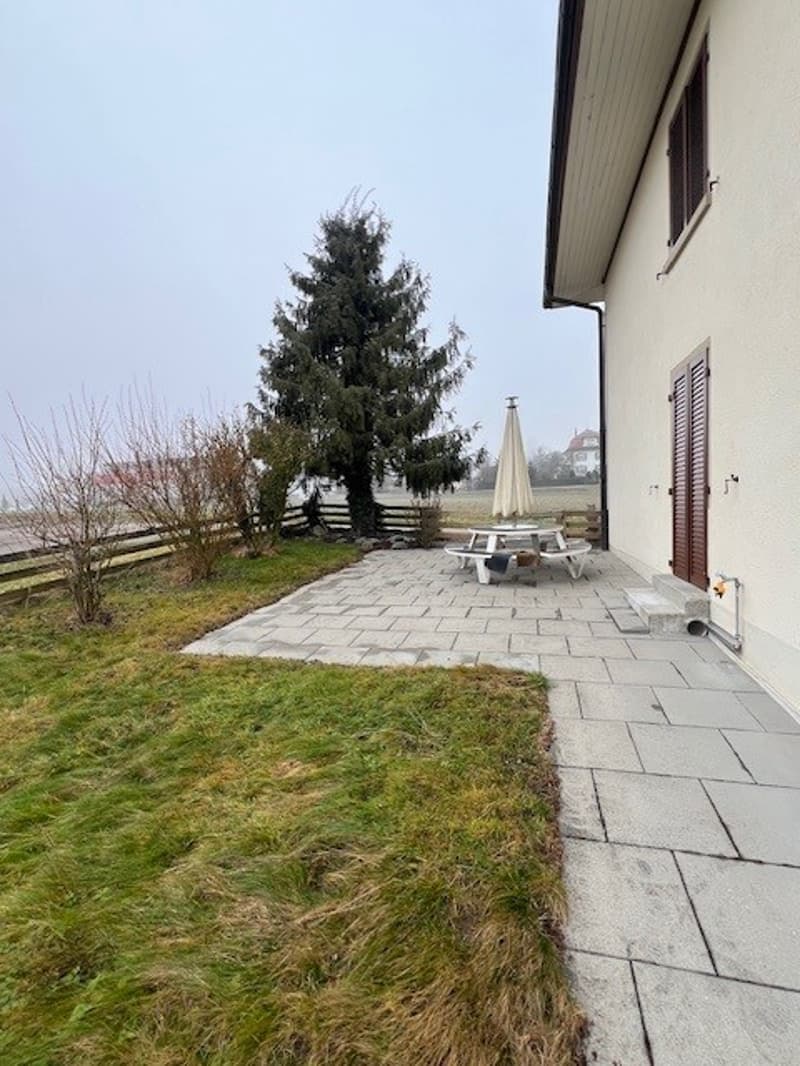 Outdoor area with stone pathways, picnic table, bench, umbrella, and grassy area with trees and shrubs.