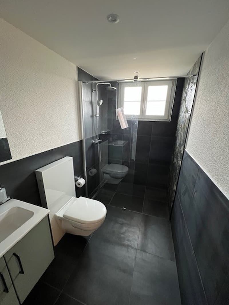 white tiled floor, white toilet, white sink, roll of tissue, shower cubicle, large mirror, sink cabinet