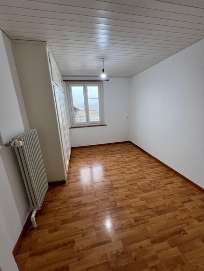 empty room with wooden floors, white walls, a window, a built-in wardrobe, and a radiator