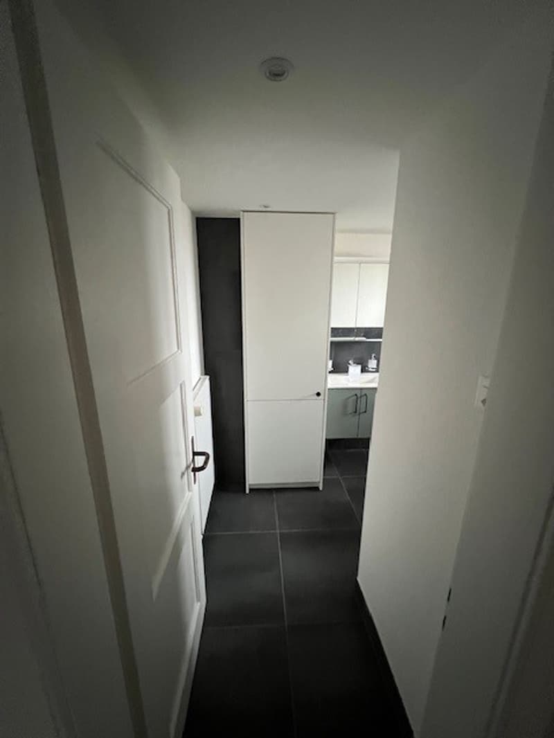 Empty hallway, black tiles, white walls, white doors, tall cabinet, countertop sink, cabinet with handles, power outlet.
