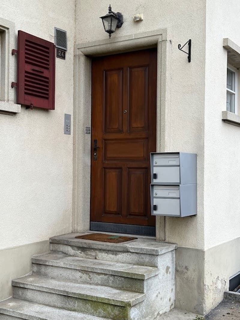 Raised ground floor, wooden door, red shutters, mailbox, lamp on wall