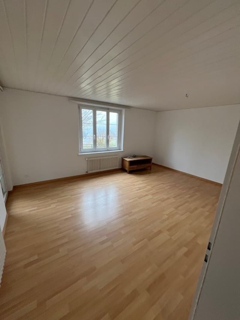 Empty room with wooden floors, white walls, and a window. There is a wooden table with a white radiator behind it.