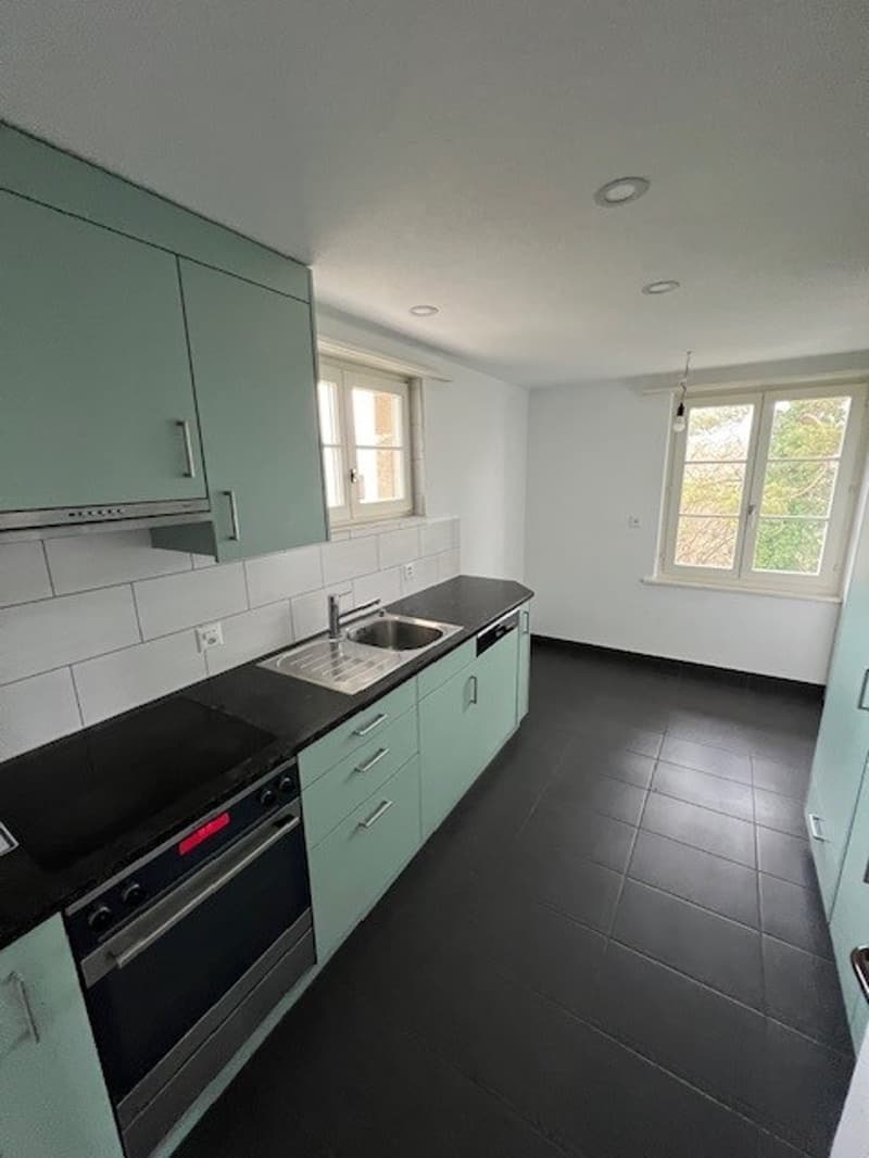 kitchen area, tile flooring, electric stove, dishwasher, sink, green cabinets