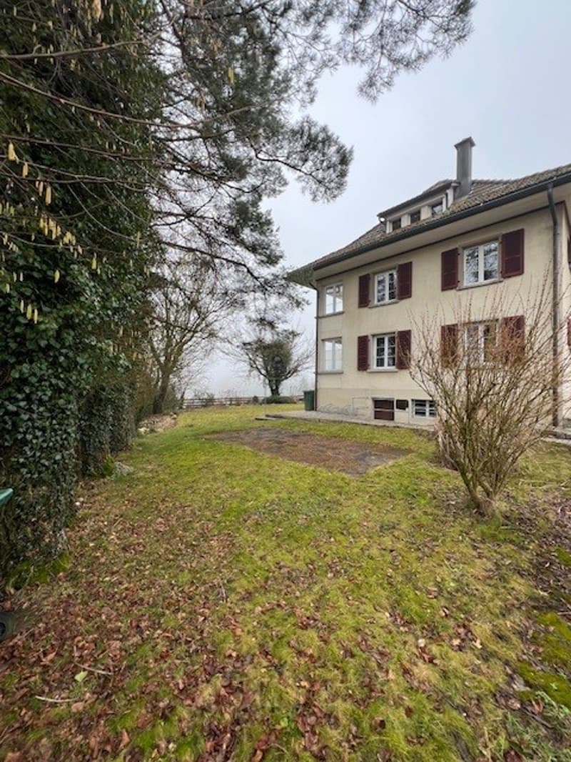 3 story house, white walls, red shutters, surrounded by grass and trees