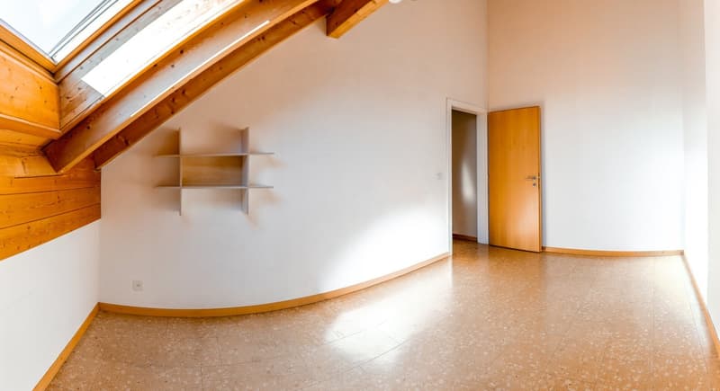 empty room, wooden ceiling, white wall, wooden door, wooden shelf, tiled floor