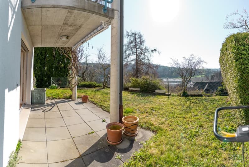covered patio, garden with grass, trees, and bushes, view of the mountains