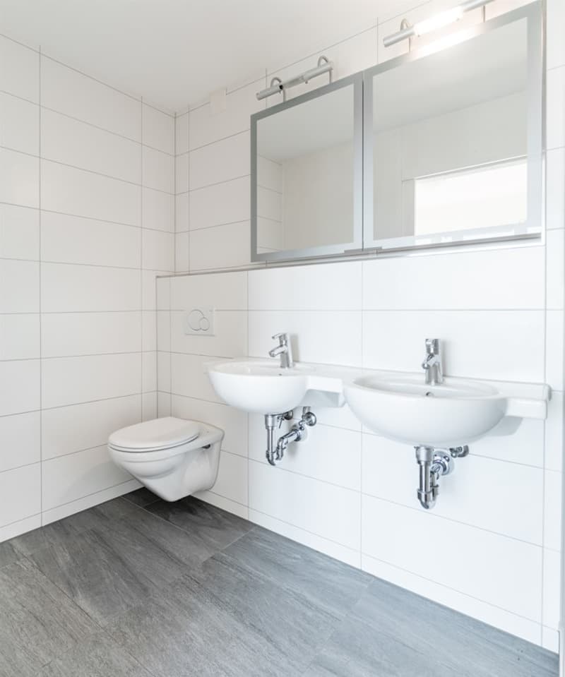 Bathroom with white tiles, two sinks, toilet, and a mirror.