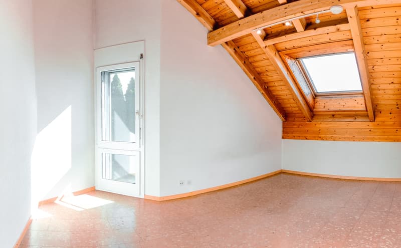empty room, white walls, wooden ceiling, glass door, window, tiled floor