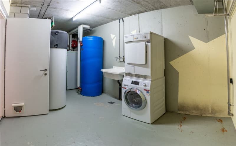 Laundry room with washing machine, dryer, sink, water heater, and storage tank
