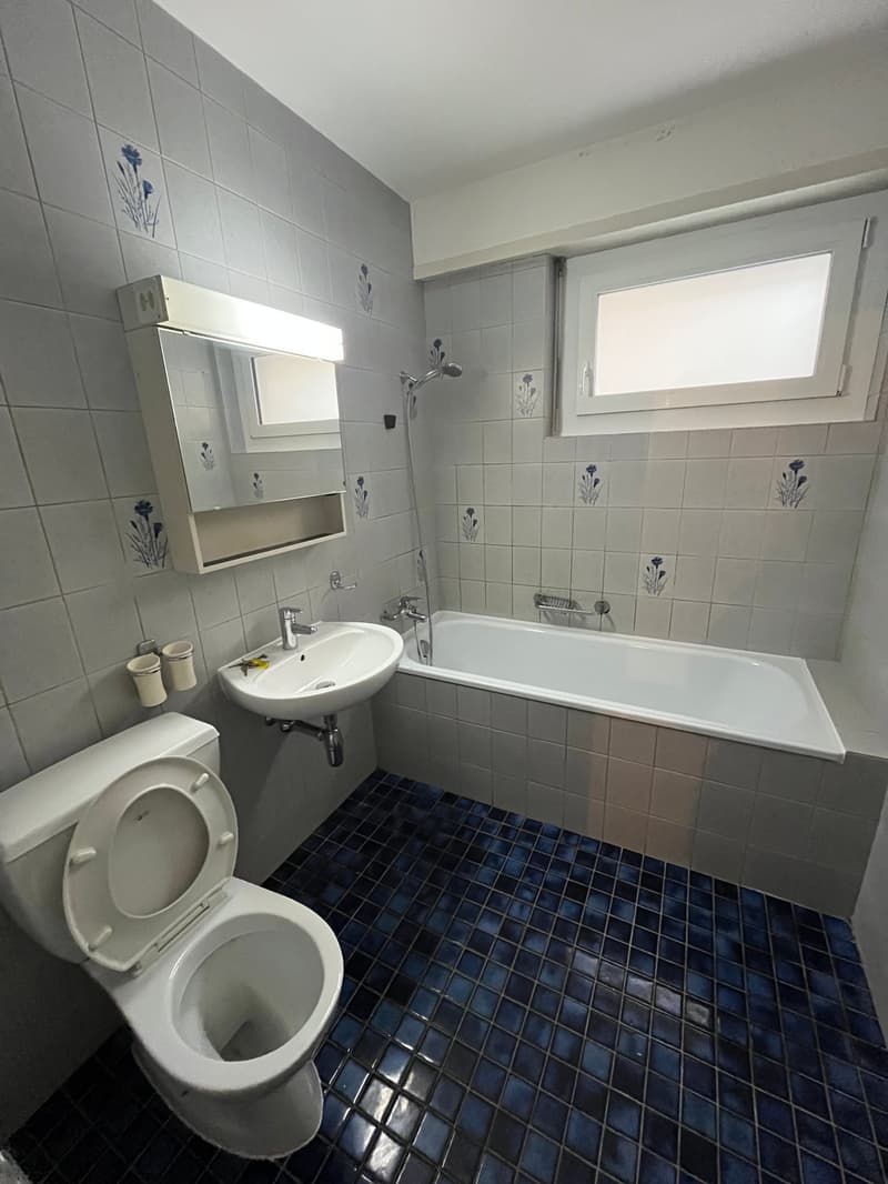A bathroom with white toilet, white bathtub, white sink with faucet, white walls and blue tiles on the floor