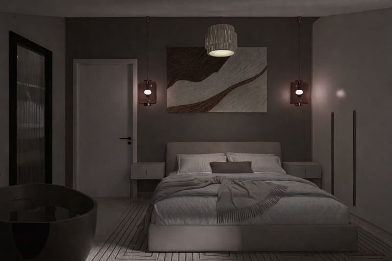 Bedroom with a bed, nightstands, a large painting, and a bathtub
