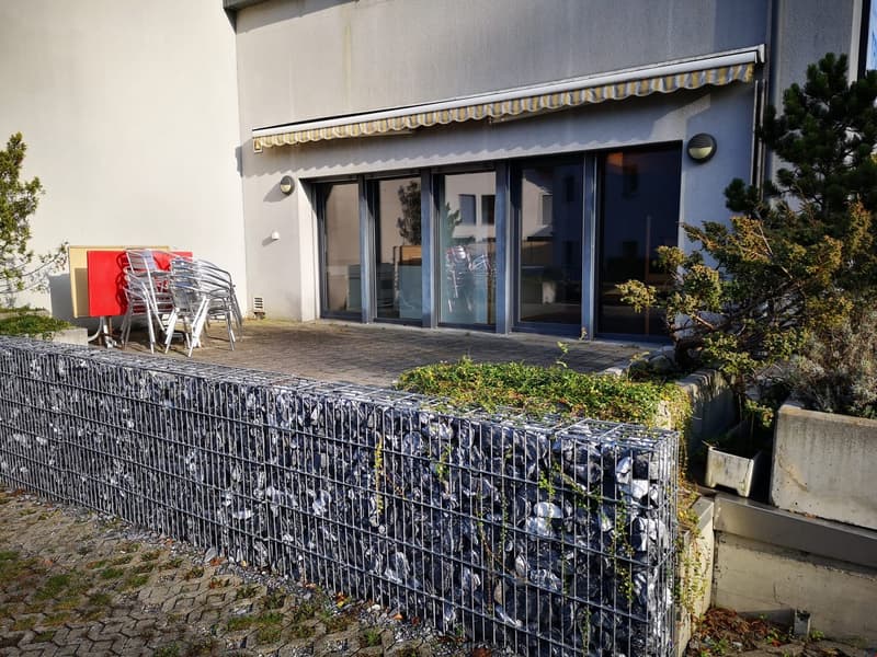 Modern house with gray walls, glass windows, awning, and metal gate. Brick pathway leads to glass doors, with outdoor chairs and plants nearby.