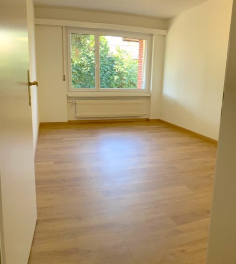 empty room, wooden floor, white walls, large window, radiator