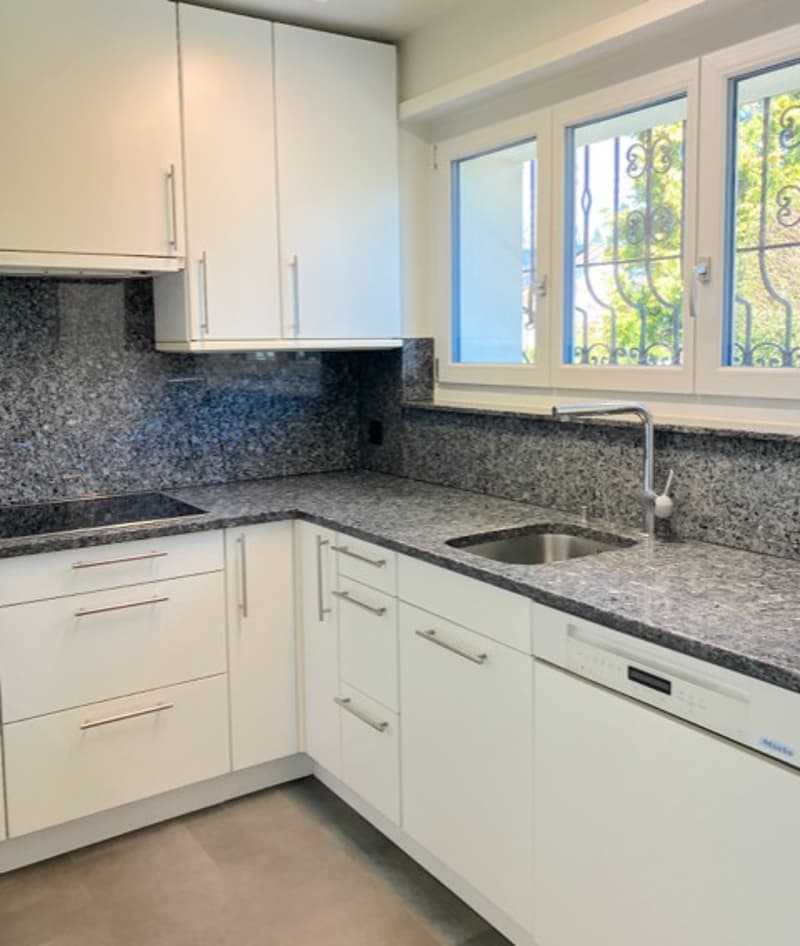 modern kitchen with white cabinets, granite countertops, stainless steel sink, dishwasher, granite backsplash, two burners on the countertop, windows with wrought iron grills
