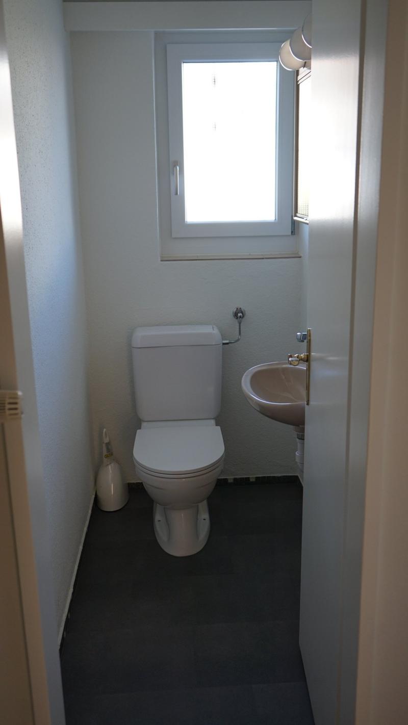 small bathroom with toilet, sink, and window