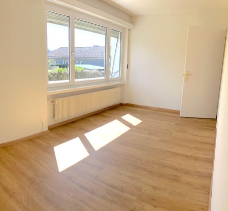 empty room, wooden floor, white walls, large windows, white door, radiator