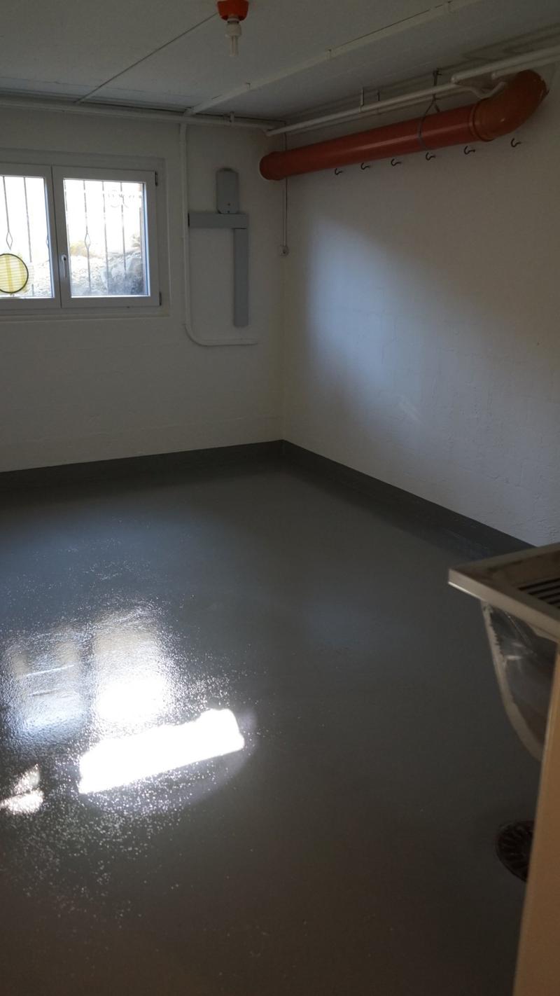 Empty garage, windows, white walls, gray floor, pipes