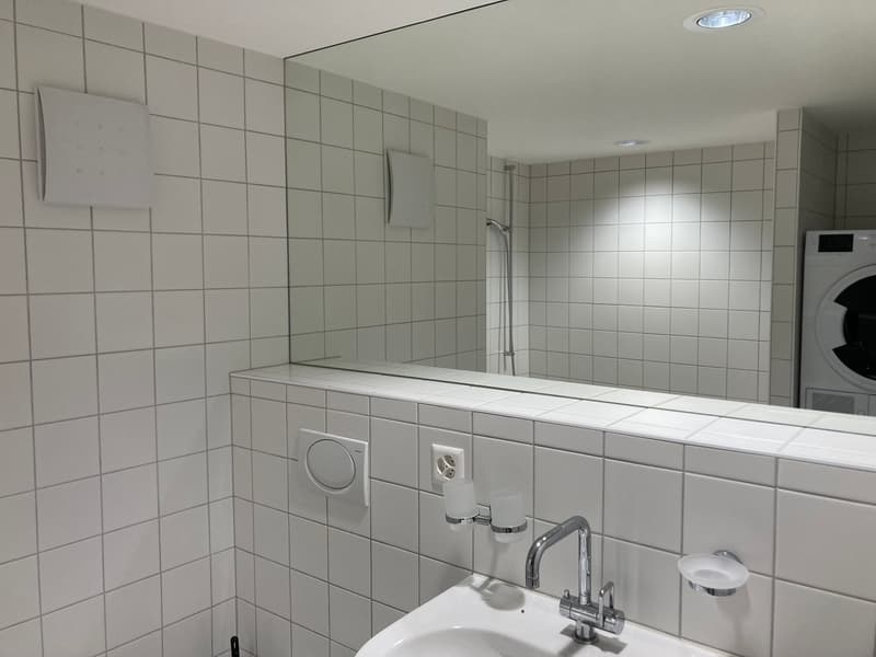 Tiled bathroom with a washing machine, sink, and shower area