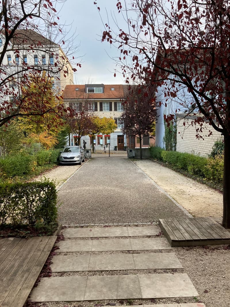 gravel driveway, wooden steps, trees, shrubs, buildings in the background