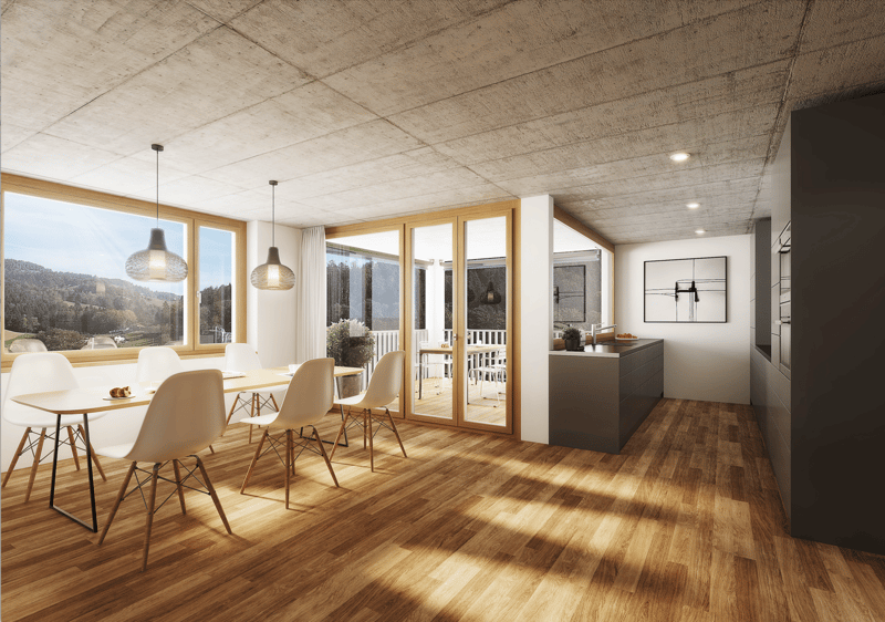 modern interior design, wooden floor, dining table, chairs, sliding doors leading to a balcony with a view, kitchen counter, ceiling lamps, large windows