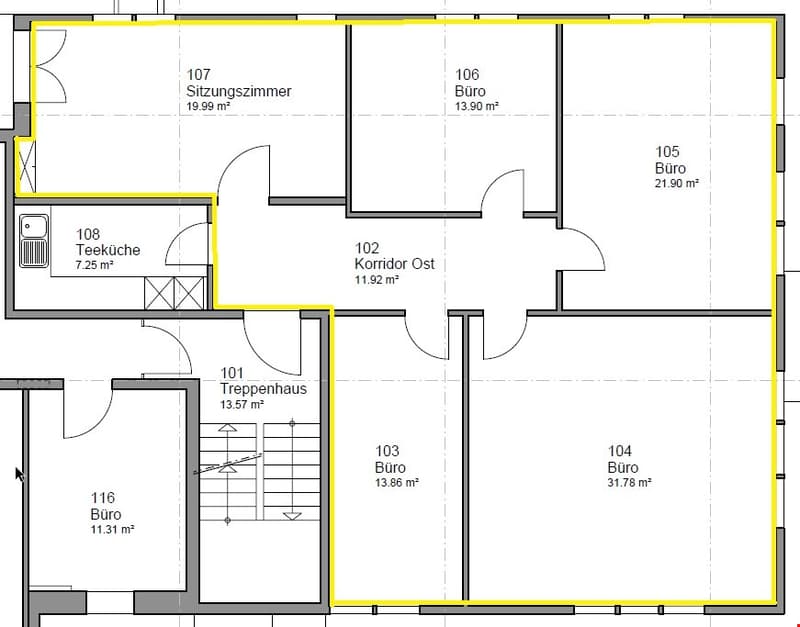 The floor plan shows a layout with several rooms, including a living room (107), a bathroom (106), two offices (103, 104, 105), a kitchen (108), and a stairwell (101). The layout also includes a corridor (102) connecting the different spaces.