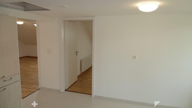 Empty room with white walls, wooden floor, white ceiling, two doors, and a white cabinet
