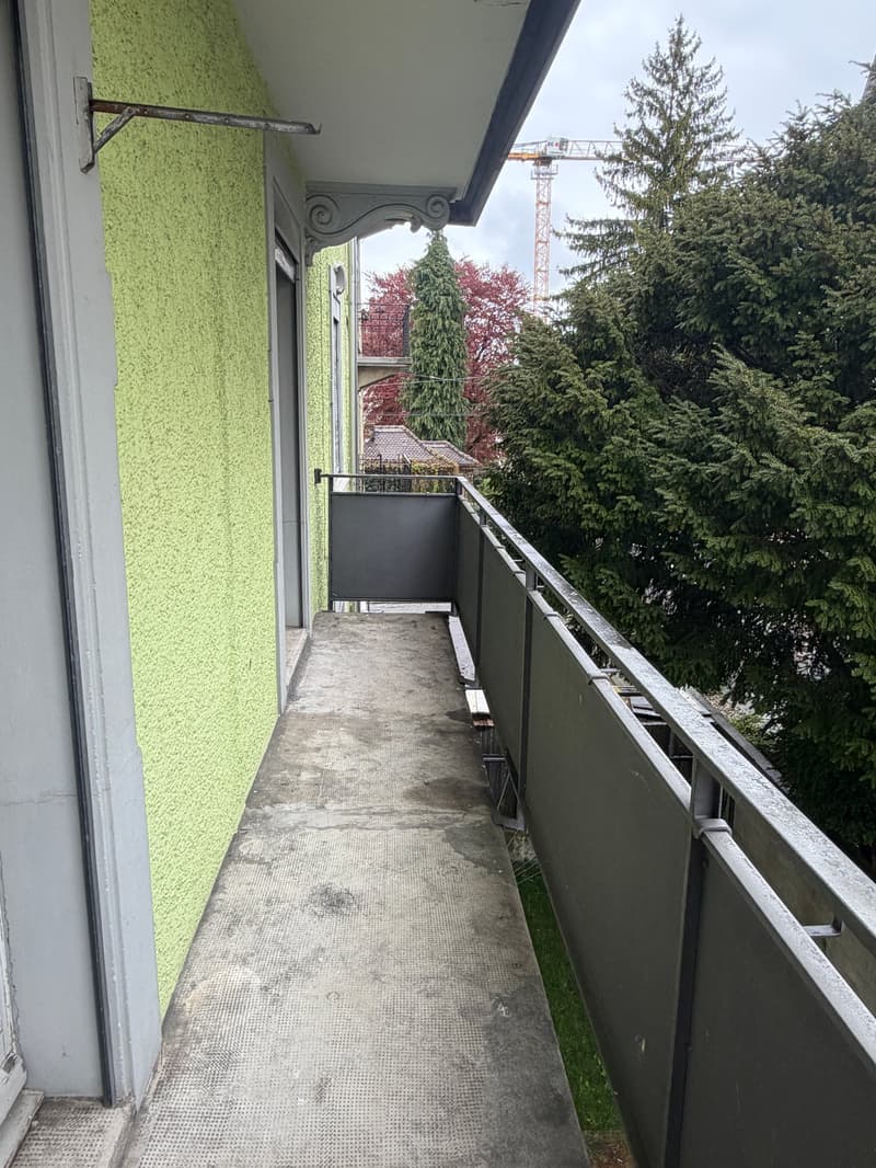 Balcony with metal railings, concrete floor, green wall, door, metal railings