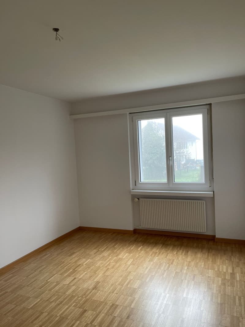 empty room, wooden floor, white walls, radiator, large window