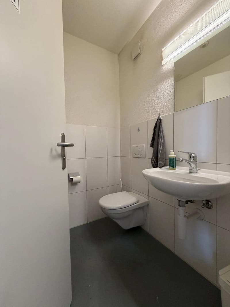 bathroom with toilet and sink, white walls, toilet paper, soap