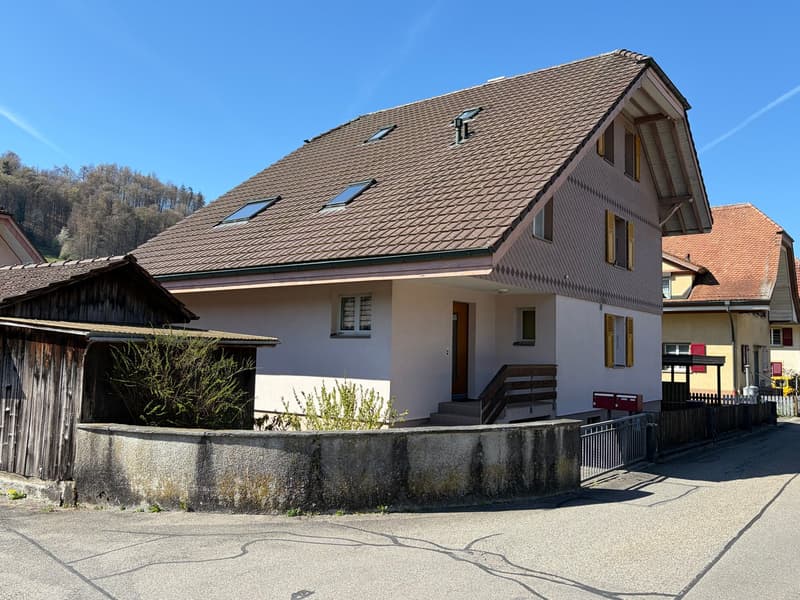 Detached house, brown roof, white walls, wooden shutters, small garden, wooden shed, mailbox, stairs, fence