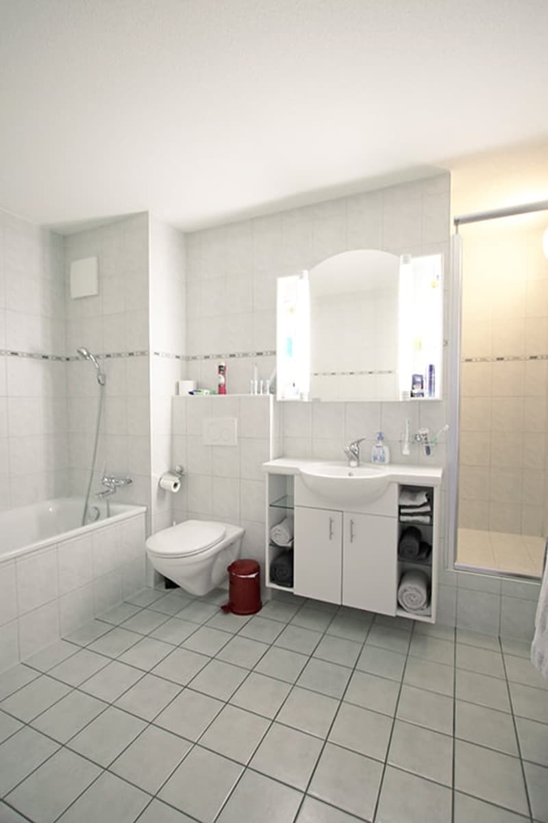 white tiles, bathtub, shower stall, white sink, toilet, cabinets, mirror