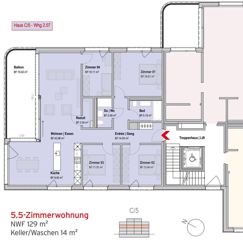 Grundriss 5.5-Zimmerwohnung im 2. OG (mit Lift)