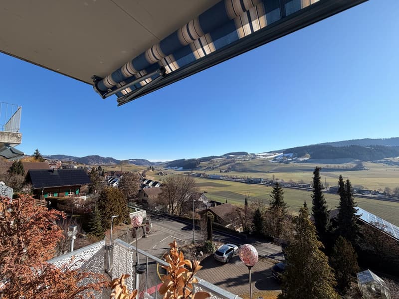balcony with metal railings, field, houses, mountains