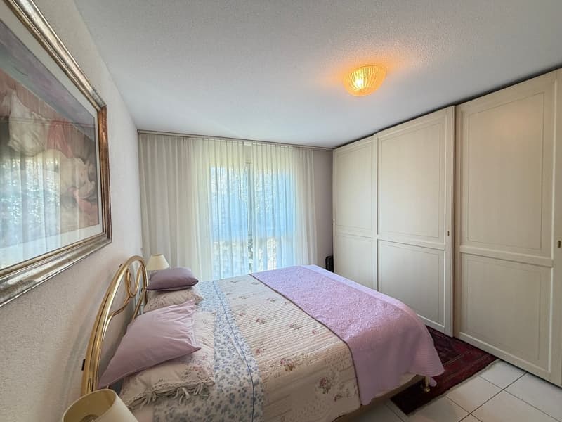 A bedroom with two single beds, a ceiling lamp, white walls, a painting, large windows with curtains, a carpet, and a wardrobe.