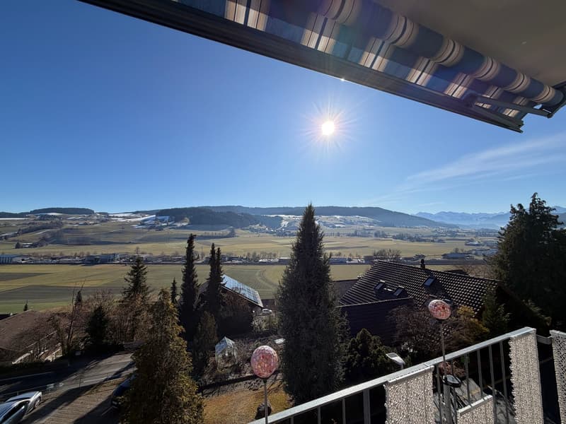 balcony with fence, green field, mountains in the distance, blue sky with bright sun