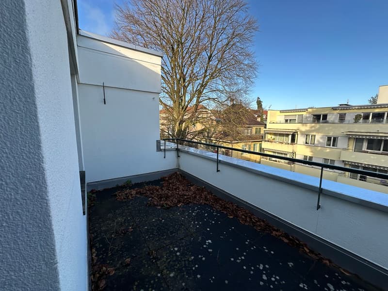 Terrace with metal railing, dried leaves on the ground, adjacent building, and a tree in view
