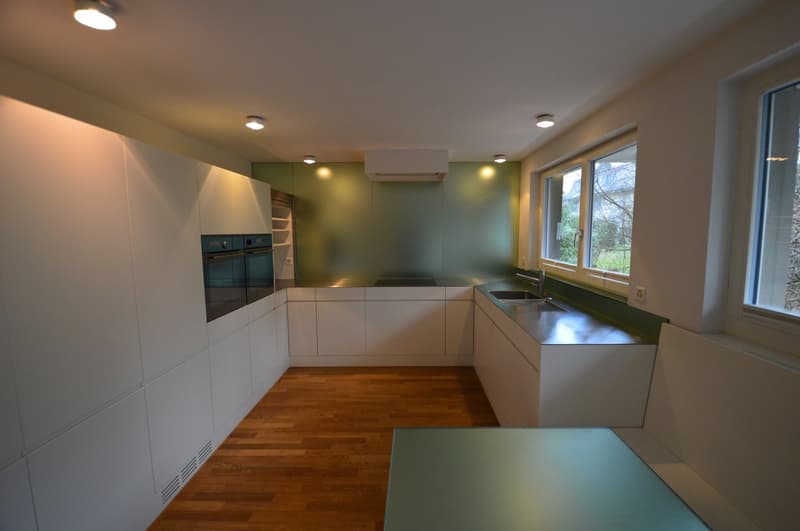 Kitchen with white cabinets, green walls, stainless steel counter, silver sink, double oven, wooden floor