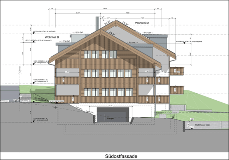 The image shows the floor plan and elevation of a multi-story building. It appears to be a residential building with two units labeled 'Wohheit A' and 'Wohheit B'. The building has a gabled roof and features balconies or terraces.