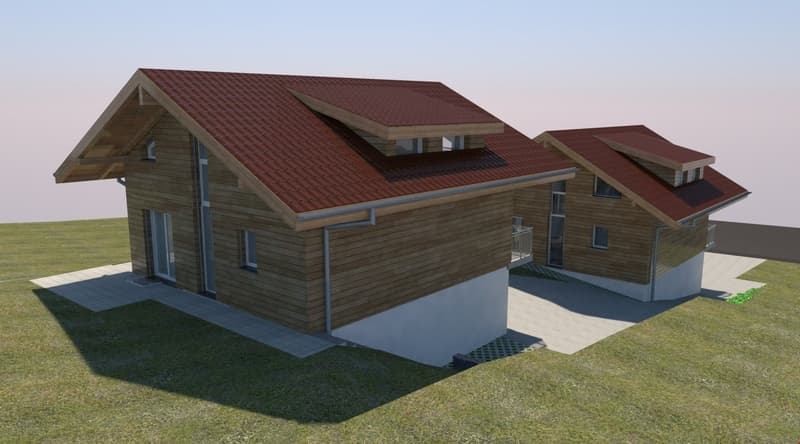 Two-story wooden house with a red tile roof, large windows, and a garage attached to the side.