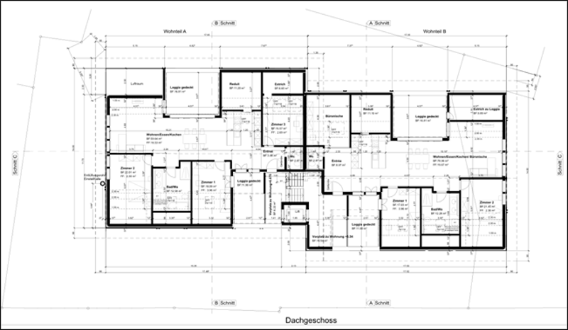 The image shows a floor plan of a building, with multiple rooms and spaces labeled. The main rooms include a living room, kitchen, bedrooms, bathrooms, and other utility spaces. The layout appears to be for a multi-story building, with the plan showing th