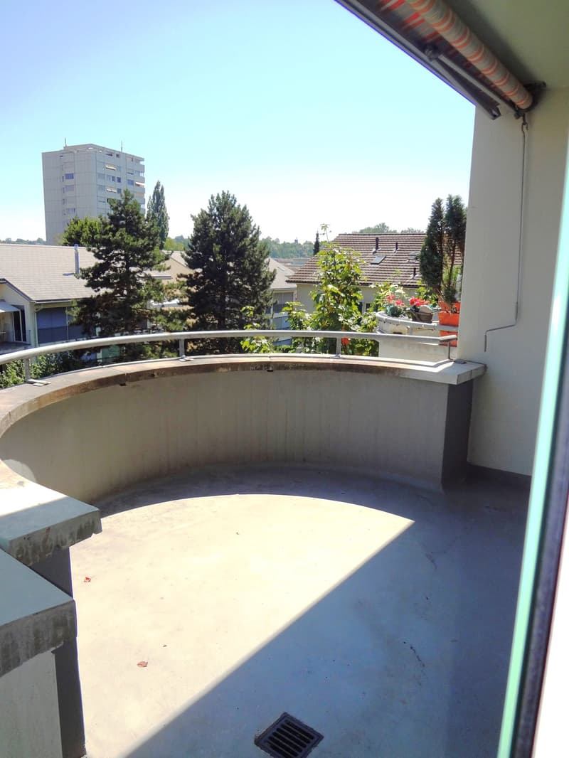The image shows a balcony with a curved design, overlooking a residential area with trees and a high-rise building in the background.